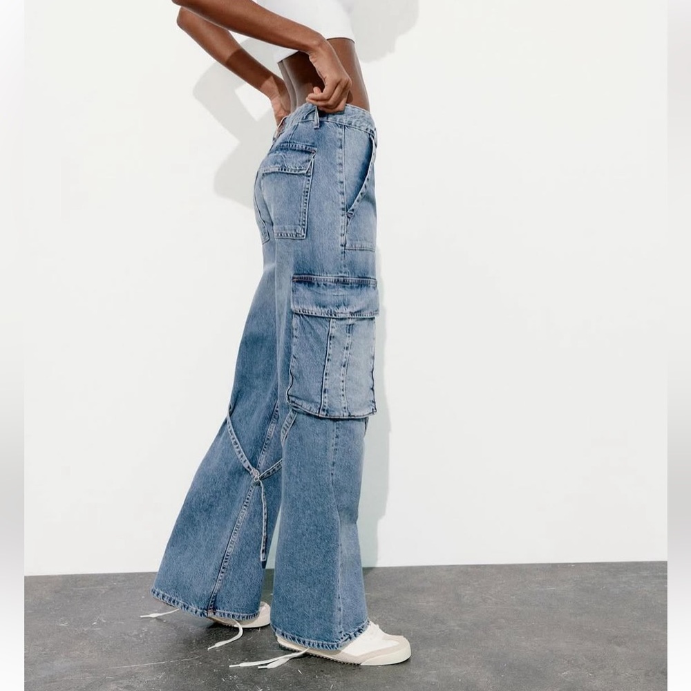 ZARA✨Cargo Jeans U.S. Women’s 6 Baggy Low Waisted Pockets Med Blue - Picture 4 of 16